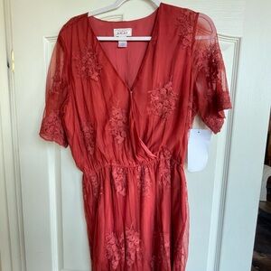 NWT, Gorgeous Ariat Red Floral Lace Romper with Wrap V-Neck